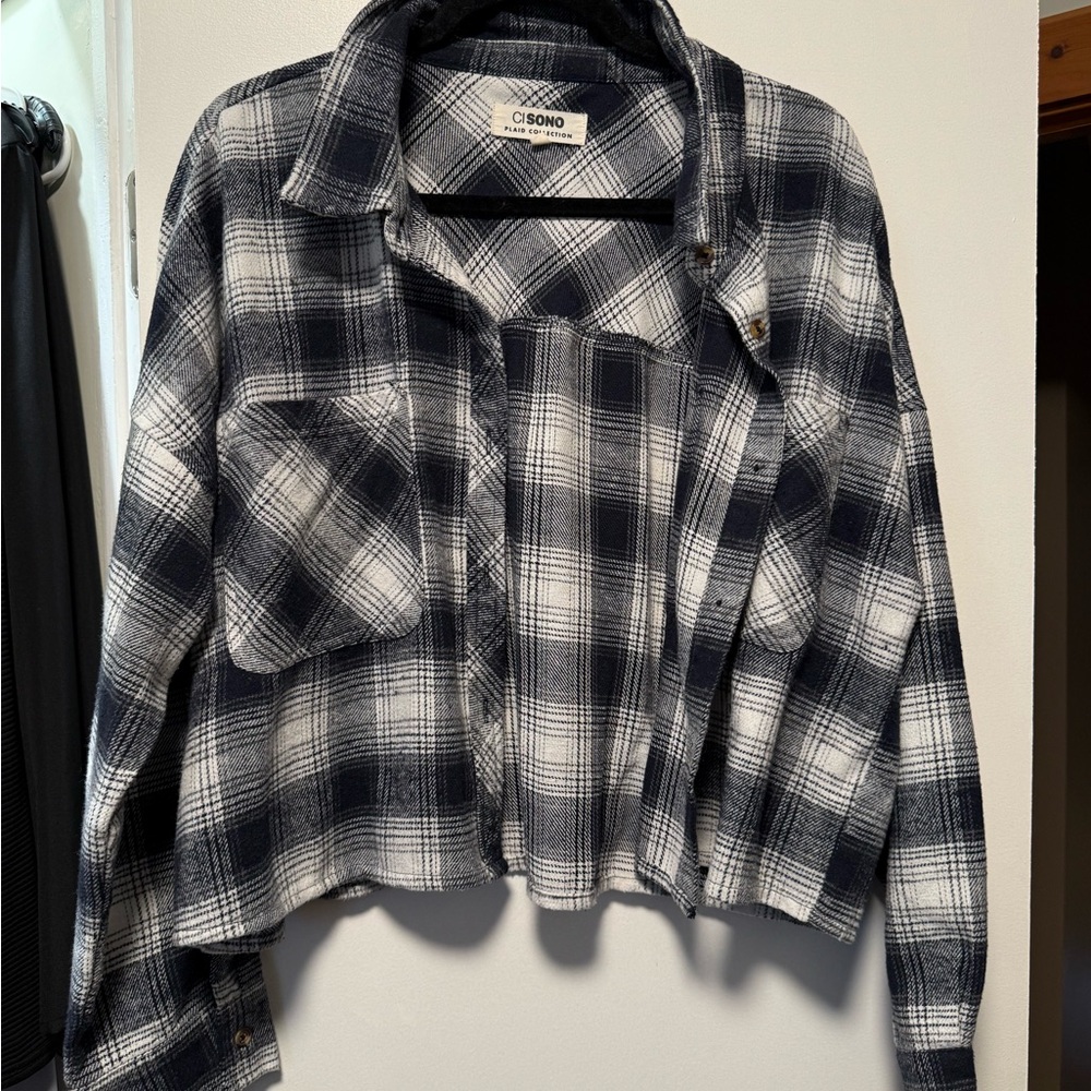 Ci Sono Navy and White Plaid Shirt Jacket